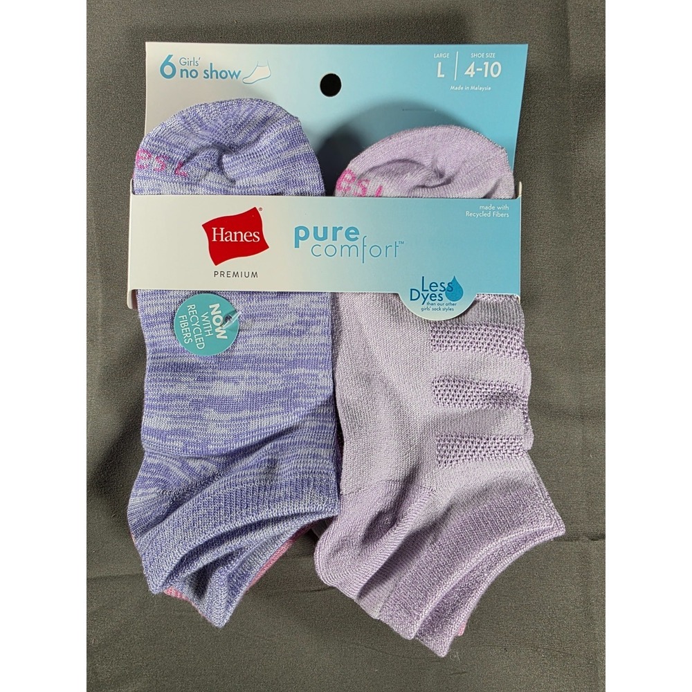 Hanes Premium Pure Comfort Girls' 6pk No Show Socks - L 4-10 6 PAIRS